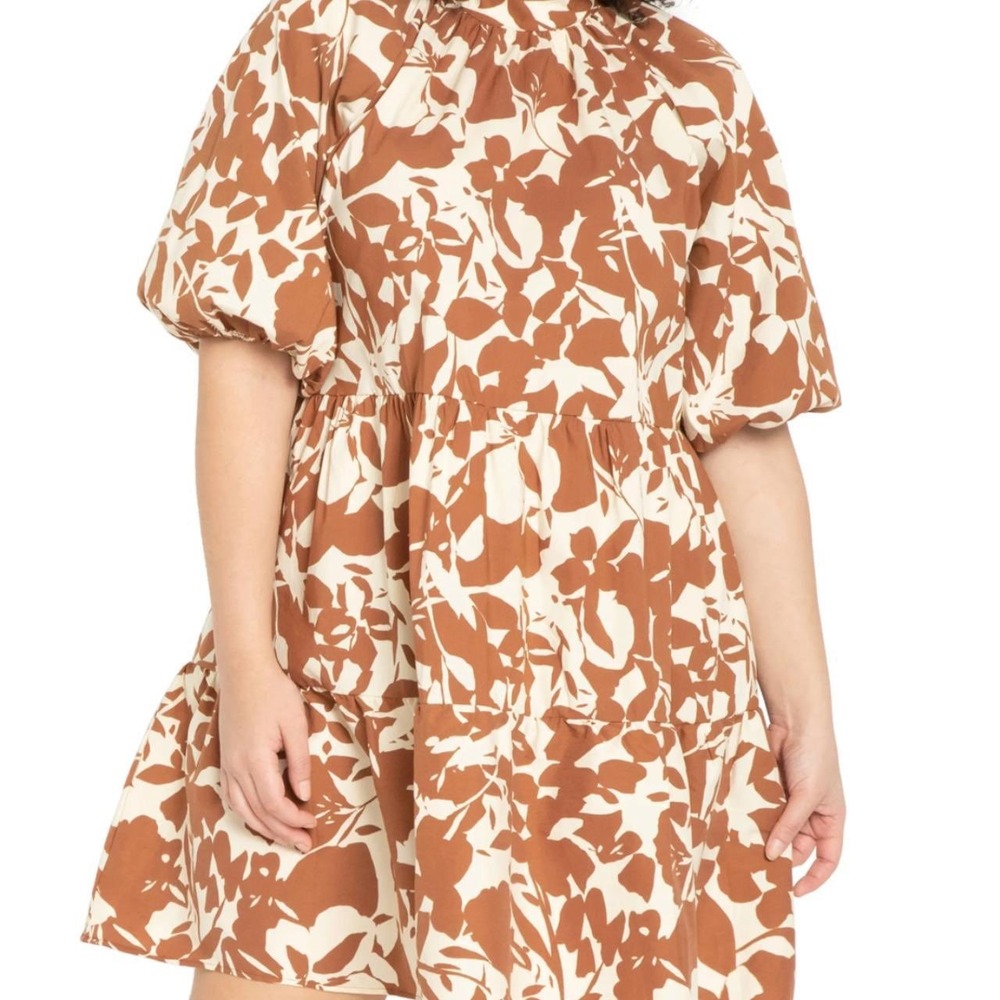 Eloquii Brown Floral Tiered Babydoll Puff Sleeve Mock Neck Mini Dress J3